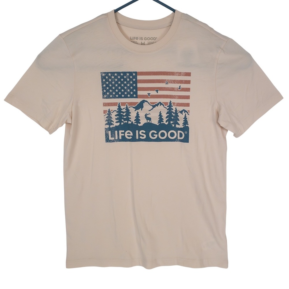Life is Good Mens T Shirt Medium Graphic Print American Flag Mountain Deer Tee - Picture 3 of 13